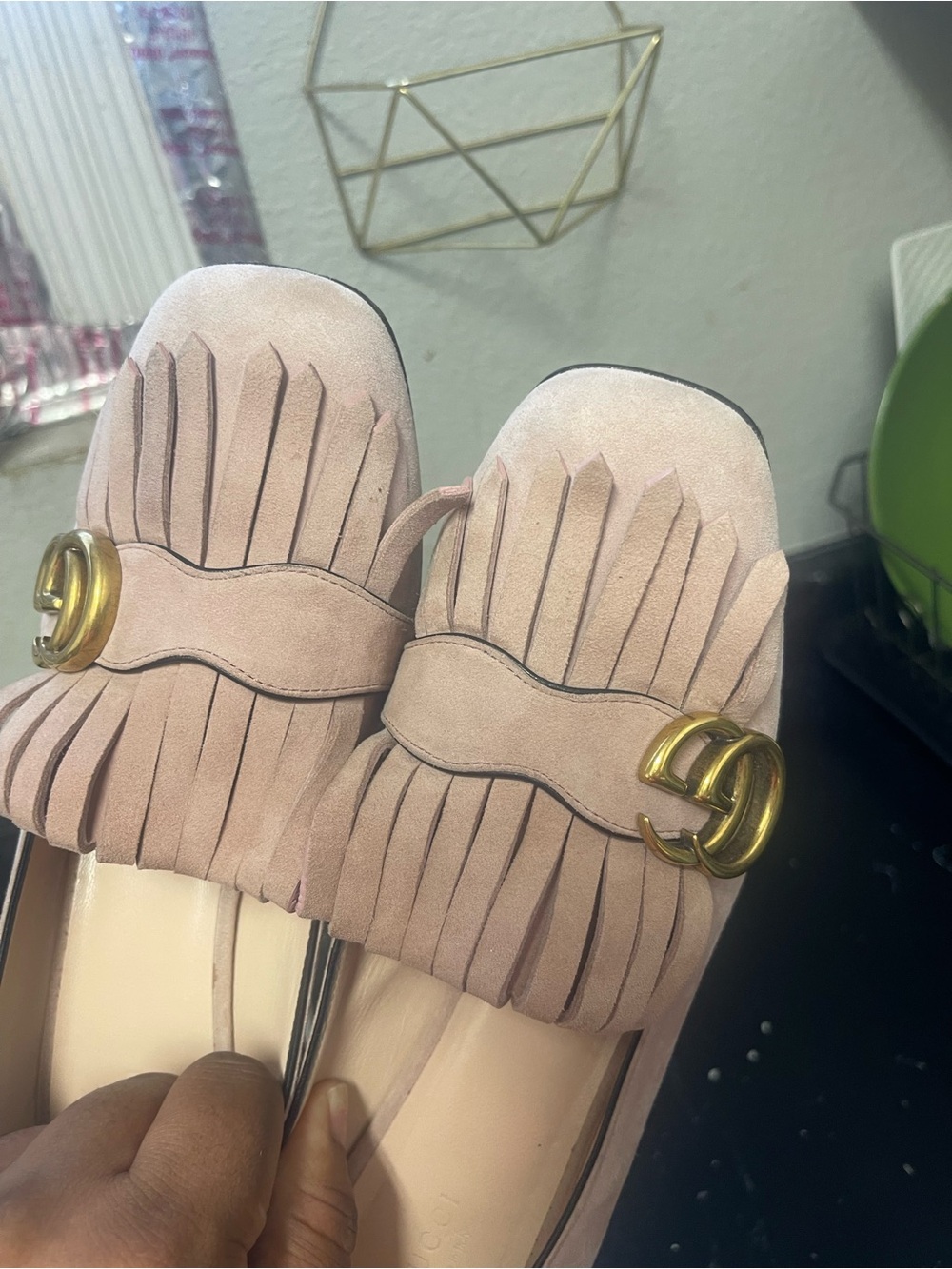 Gucci Pink Suede Fringe Loafers with Gold GG - Picture 5 of 16